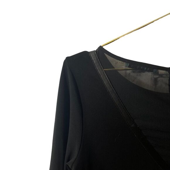 Alice & Olivia Black Lamb Leather Cuff Bell Sleeve Raw Edge Hem Dress Size L - Picture 9 of 12